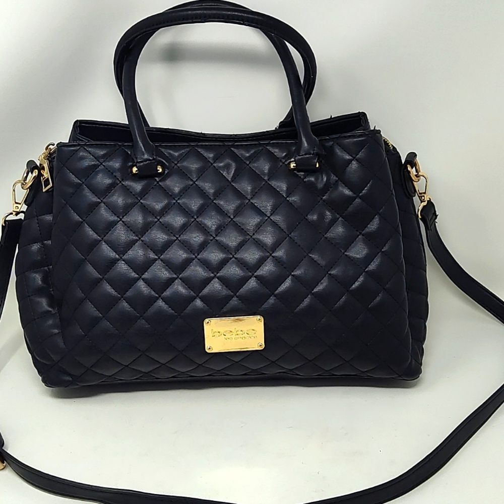 Bebe Navy Quilted Shoulder Bag with Gold Accents